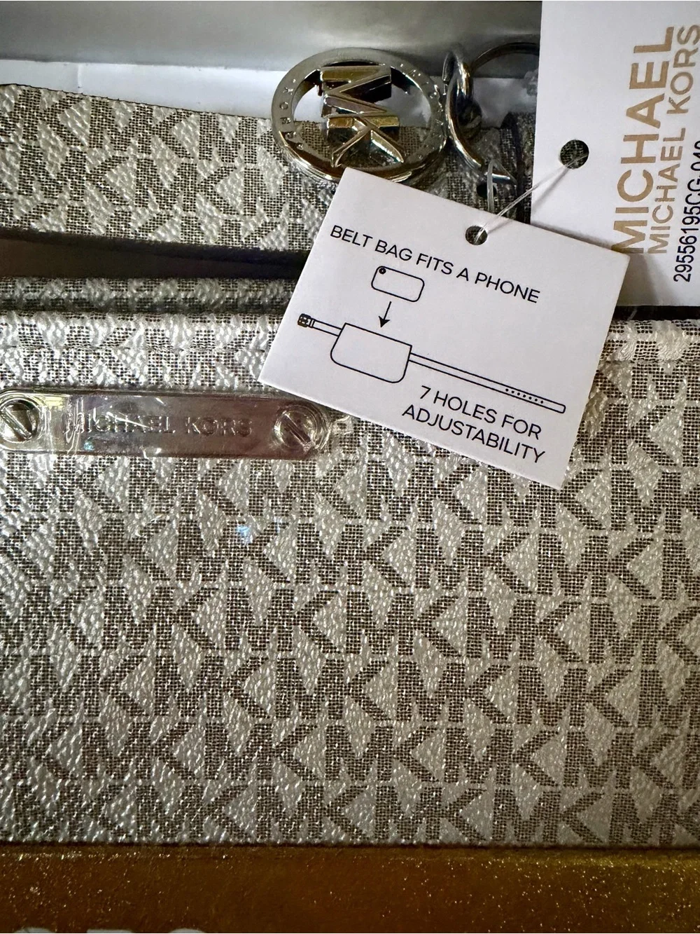 Michael Kors Metallic Silver Gray White MK Monogram Belt Bag crossbody clutch XL